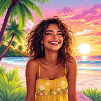 A joyful young woman in a yellow dress stands on a beach at sunset, surrounded by palm trees. The vibrant sky reflects the complexity and beauty of the world.