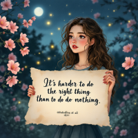 A young woman holds a scroll with the quote, It's harder to do the right thing than to do nothing at all, surrounded by softly glowing flowers and a night sky.