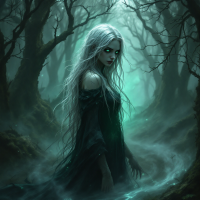 A haunting figure with long, flowing hair stands in an eerie, misty forest, embodying the quote about the fearful darkness within overshadowing the surrounding shadows.