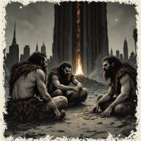 Three cavemen sit in a desolate landscape, surrounded by crumbling skyscrapers and a distant fire, embodying the quote We are all cavemen living in the shadows of the apocalypse.