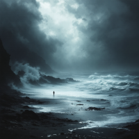 A solitary figure stands on a rocky beach, facing tumultuous waves under a dark, stormy sky, embodying nature's indifference to the survival of species, including humanity.