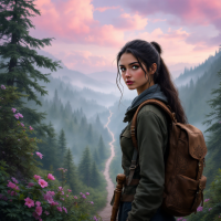 A young woman stands in a lush, mountainous landscape at sunset, gazing confidently into the distance, embodying the spirit of forging one's own path amidst nature’s beauty.