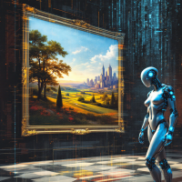 A robot gazes at a vibrant landscape painting in a futuristic museum, embodying the idea of permanence and stillness expressed in the quote. Digital elements enhance the scene's surreal atmosphere.