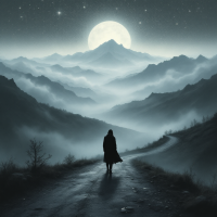 A solitary figure walks along a winding road in a misty mountain landscape, illuminated by a full moon, reflecting the journey of suffering and self-discovery.