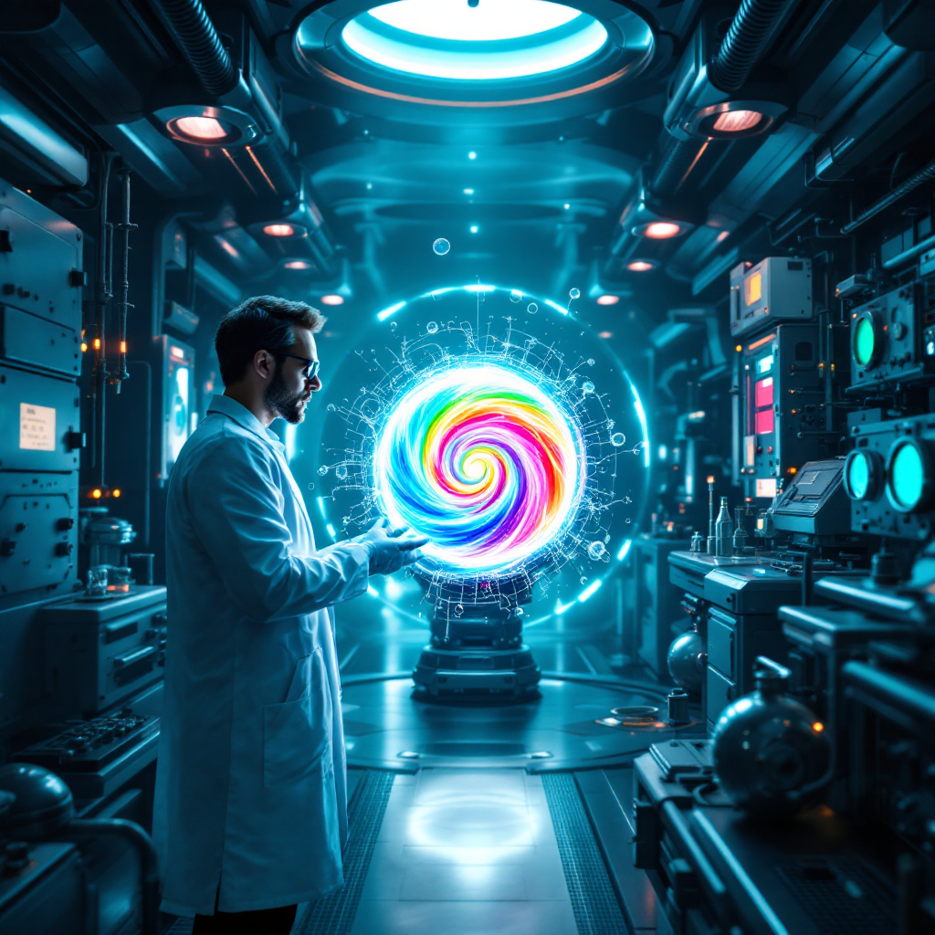 A scientist in a lab coat stands in a futuristic laboratory, gazing at a vibrant, swirling energy portal, symbolizing science as a profound way of thinking and understanding life.