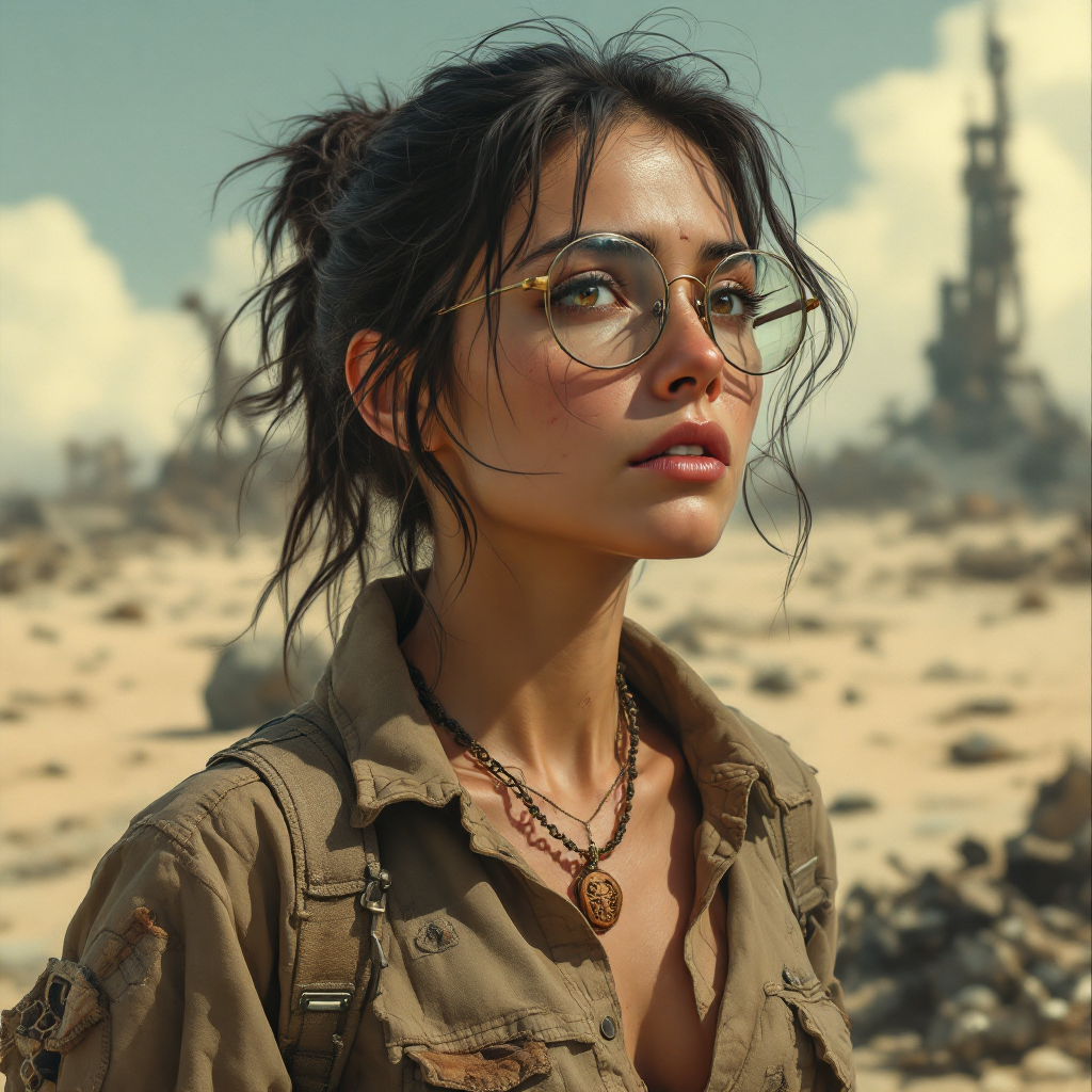 A determined young woman with messy hair and glasses stands in a desolate landscape, evoking the quote about remembering the face of one's last hope.