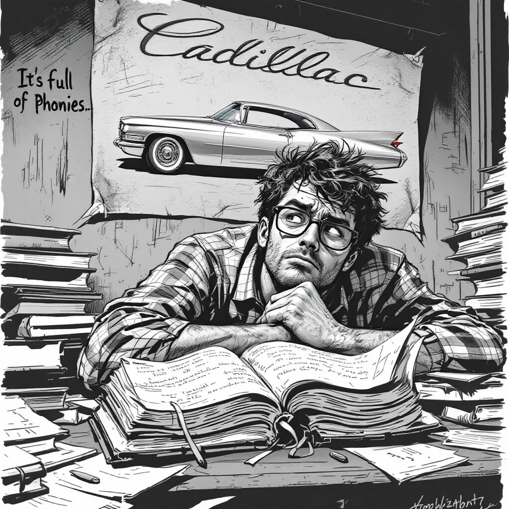 A contemplative figure surrounded by piles of books gazes upward, with a vintage Cadillac poster behind him, reflecting on the emptiness of education and ambition.