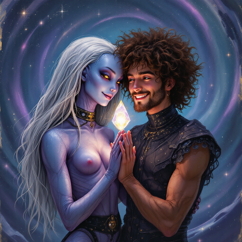 A powerful bond between a purple-skinned figure and a man with curly hair, illuminated by a glowing gemstone, symbolizes the transformative potential of friendship amidst a swirling cosmic background.