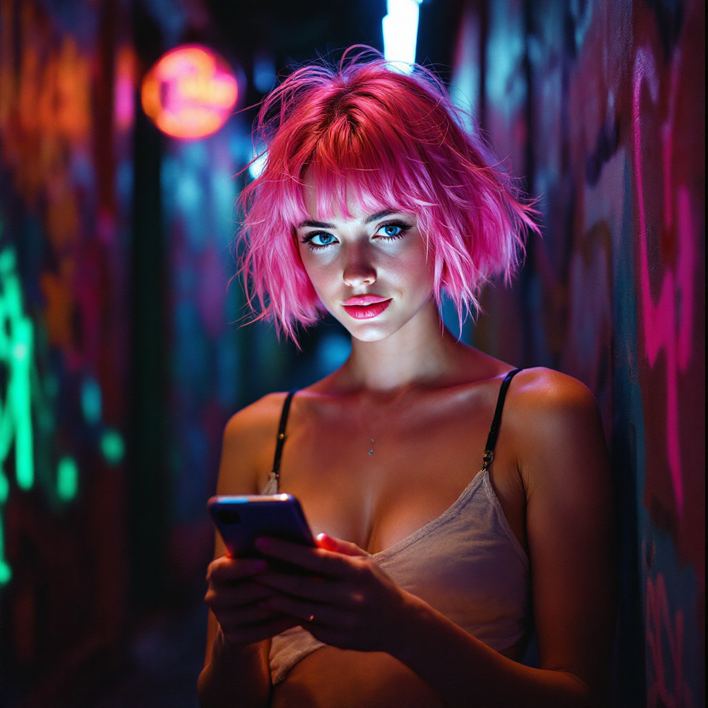 A young woman with pink hair stands in a dimly-lit, graffiti-covered alley, gazing intently at her phone, embodying the tension between visibility and safety.