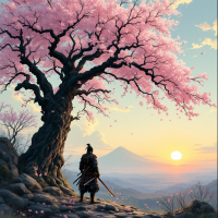 A lone warrior stands before a majestic cherry blossom tree at sunset, symbolizing resilience and the opportunity for renewal amidst challenges. Mount Fuji rises gently in the background.