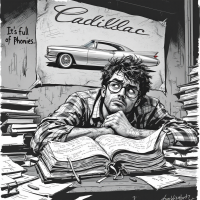 A contemplative figure surrounded by piles of books gazes upward, with a vintage Cadillac poster behind him, reflecting on the emptiness of education and ambition.