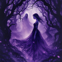 A mystical scene unfolds in shades of purple, featuring a woman in a flowing gown amidst dark, twisted trees, with a ghostly figure lurking in the shadows, embodying themes of dreams and darkness.