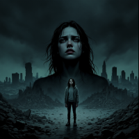 A desolate landscape is depicted, with a towering, somber figure looming over a small, isolated girl, capturing the essence of reliving painful moments in reverse.