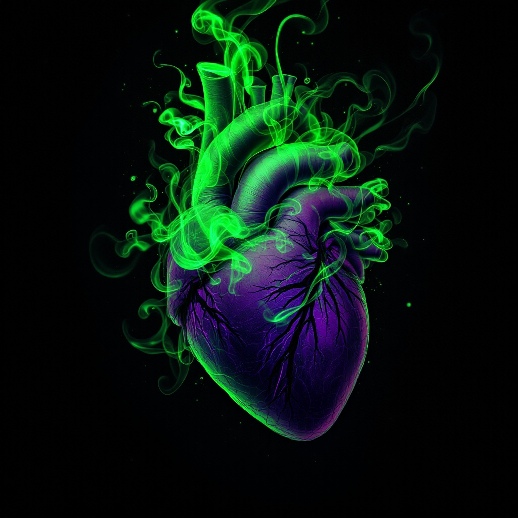 A vibrant, glowing purple heart emerges from swirling green smoke against a dark background, symbolizing the uncharted territory of human emotion in a scientifically engineered world.