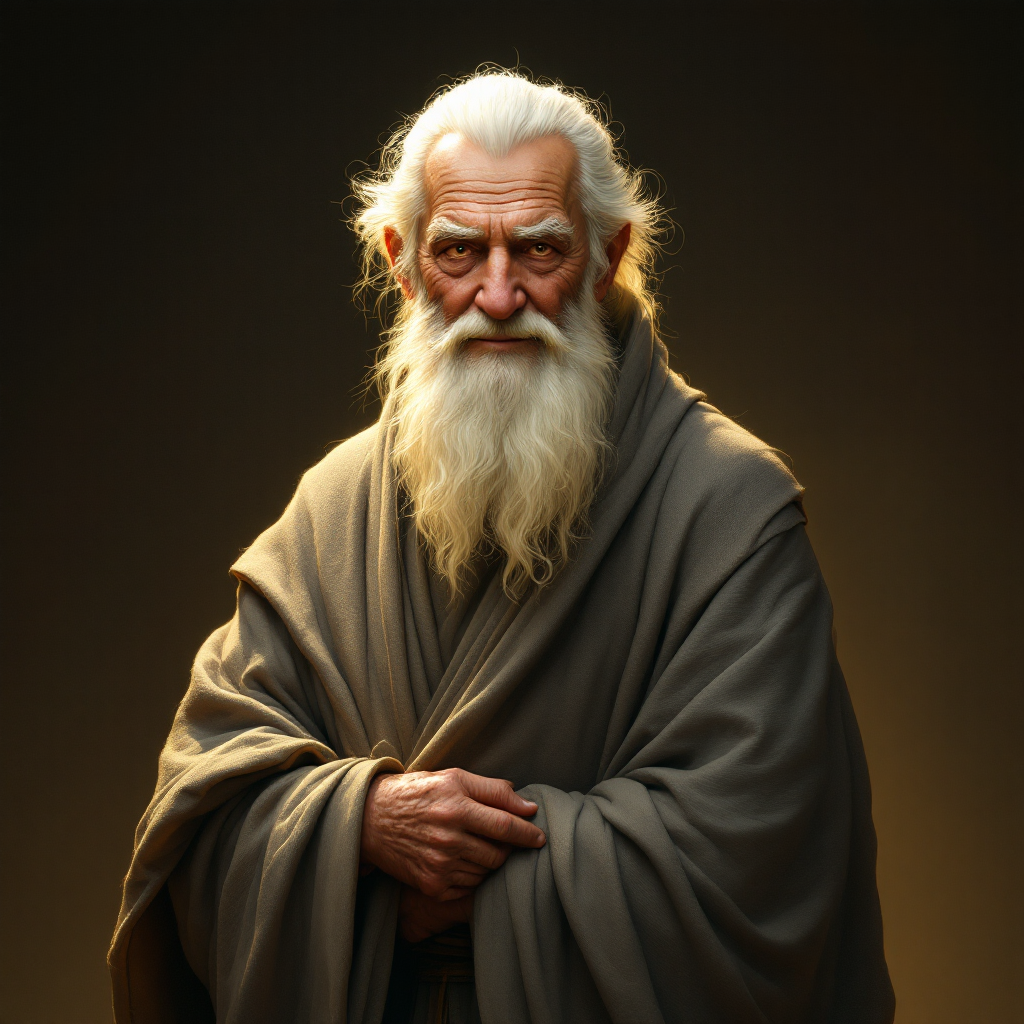 An elderly man stands tall in a long grey robe, his thin, distinguished face carries a careworn but kind expression, embodying wisdom and warmth.