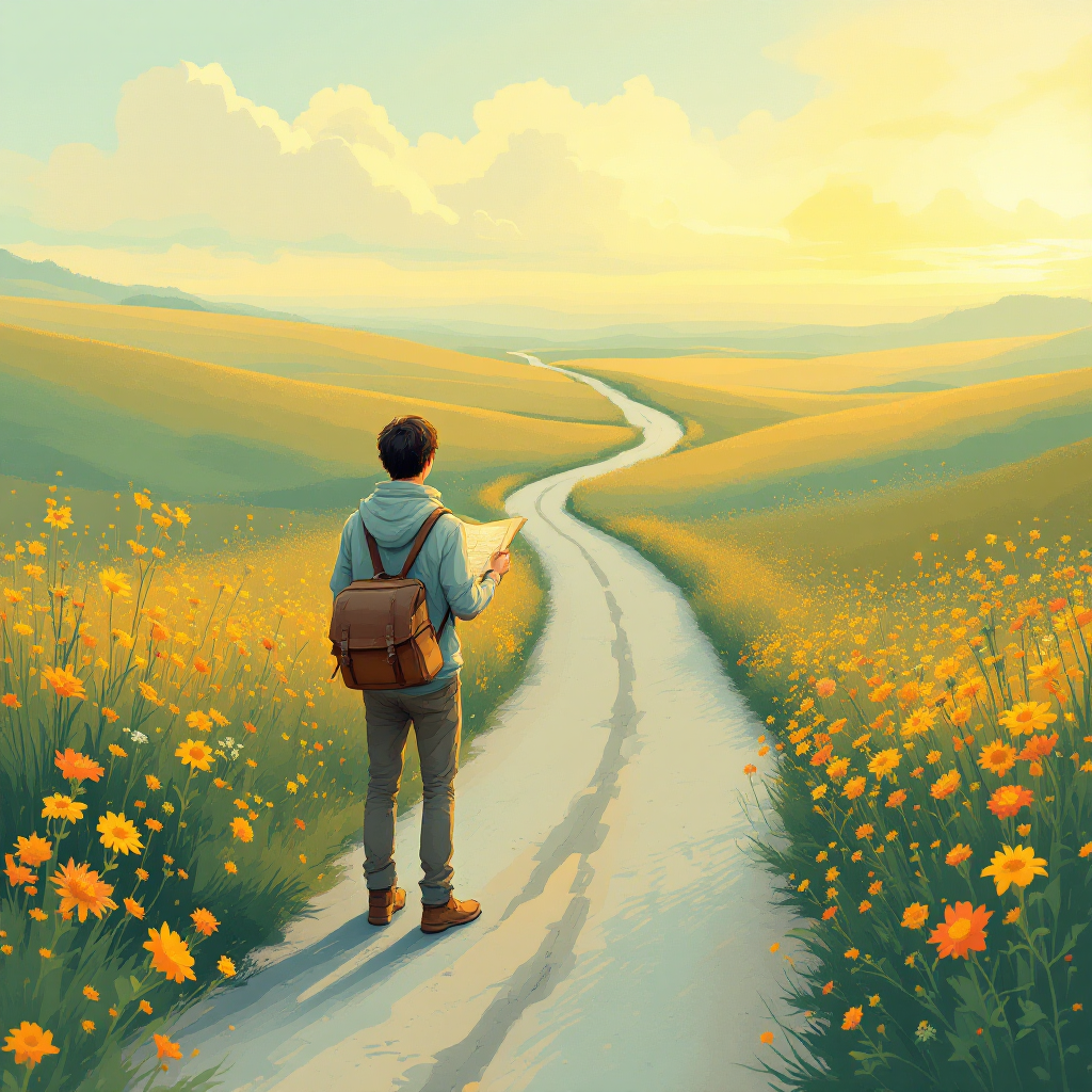 A person stands on a winding path through vibrant fields of flowers, embodying the essence of a journey filled with stories and experiences, illuminated by a warm sunset.