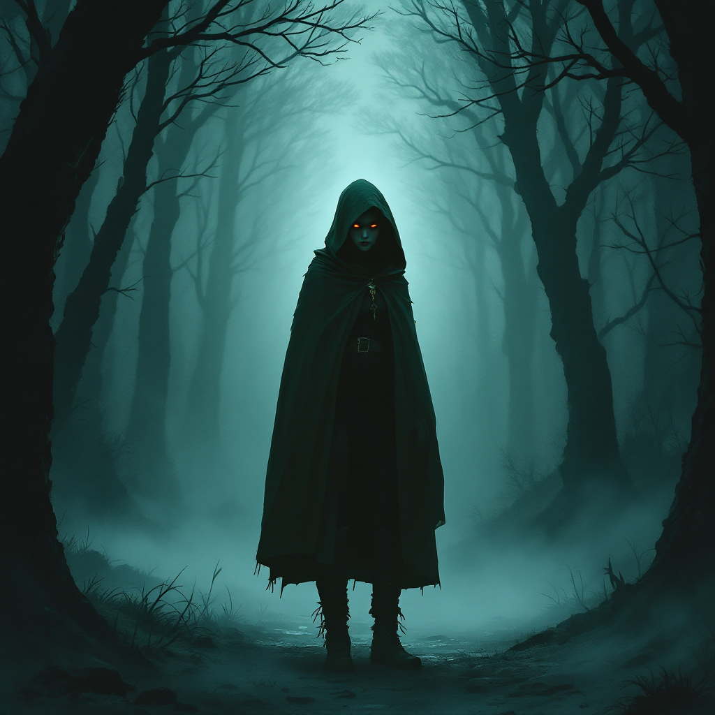 A cloaked figure stands silently in a misty forest, embodying the strength of quiet resilience, evoking the essence of powerful women hidden in shadows.