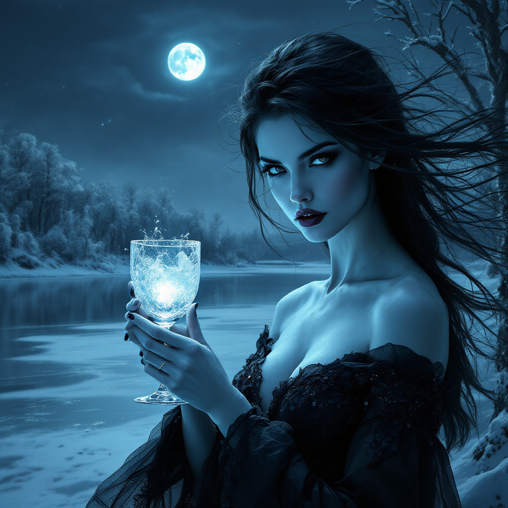 A dark-haired woman in a flowing black gown holds a crystalline glass filled with shimmering ice, set against a moonlit landscape, embodying the chilling essence of revenge.