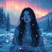 A young woman stands in a snowy landscape, illuminated by a vibrant aurora borealis. Her contemplative expression reflects the quote about making choices with time.