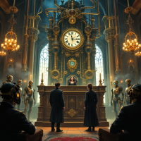 A dramatic courtroom scene with a towering clock, featuring a judge, two figures standing before her, and robotic spectators, embodying the intertwining of love, power, and loyalty.