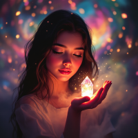 A young woman gazes intently at a glowing crystal in her hand, surrounded by a dreamlike swirl of colorful lights and sparkles, embodying the essence of wonder and discovery.