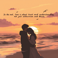 An illustration of a couple embracing on a beach at sunset, with a quote about love emphasizing trust and understanding, against a vibrant sky and gentle waves.