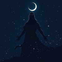 A silhouette of Rama stands with arms outstretched under a starry night sky, illuminated by a crescent moon, embodying the profound mysteries of the unknown.