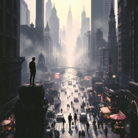 A silhouette of a figure stands atop a pedestal, overlooking a bustling city street that stretches toward towering skyscrapers, embodying the quote about cities being unique stories.