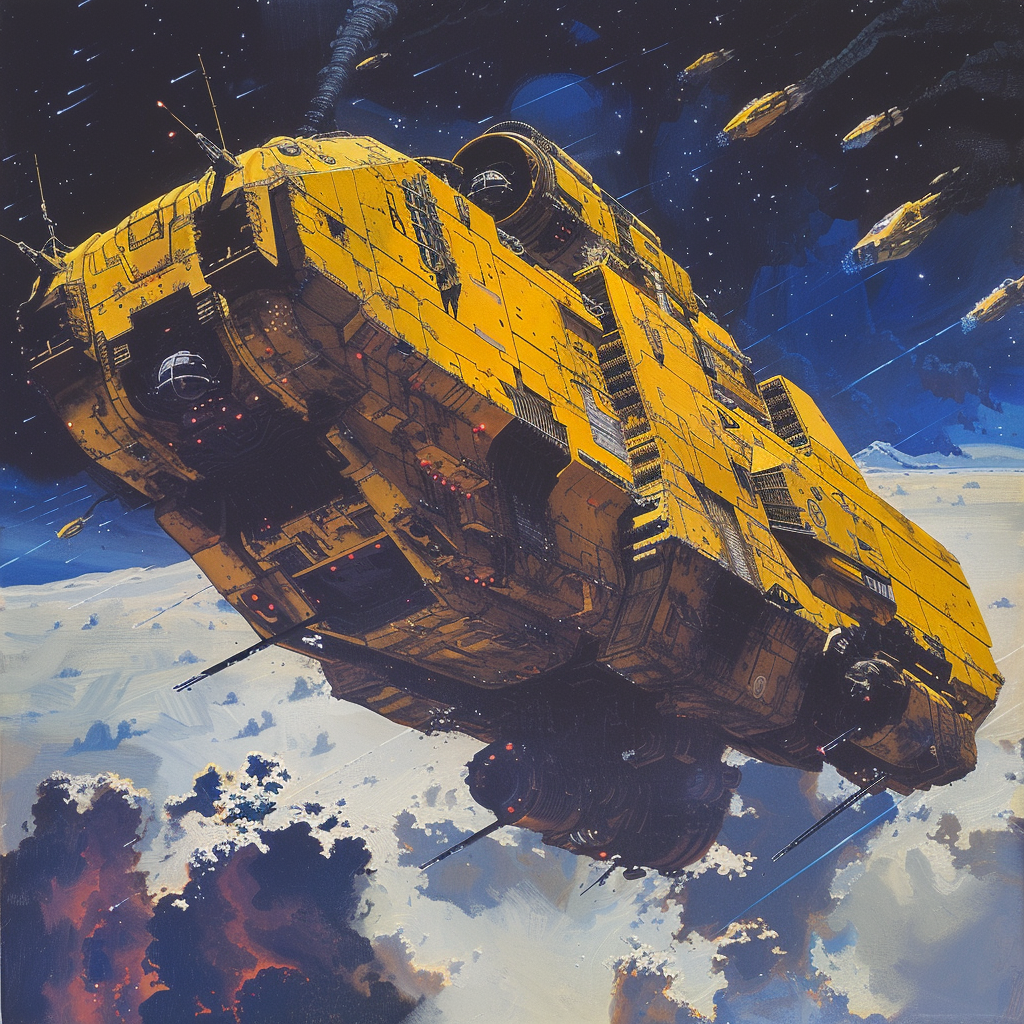 A massive, yellow, slab-like spacecraft soars through the ionosphere above a planet, trailed by several smaller ships. The scene is vibrant and intense, tearing through the dark sky with explosive energy.