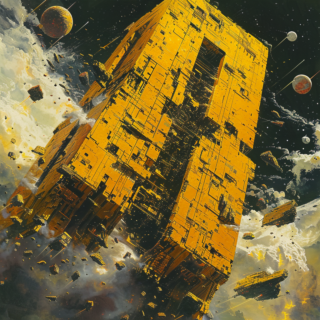 A massive yellow, chunky, slab-like structure races through a turbulent sky above a planet, accompanied by a cacophony, evoking the chaos described in the book quote.