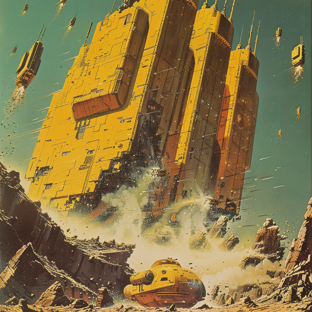 Huge yellow, chunky, slab-like structures reminiscent of office blocks race through the sky, tearing it apart with a monstrous noise, seen above a futuristic landscape with a tank and rocky terrain.