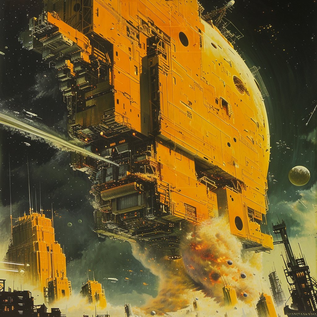 A massive, yellow, slab-like spacecraft soars noisily across the dark sky above an alien landscape, resembling office blocks and creating a dramatic and chaotic scene in the ionosphere.