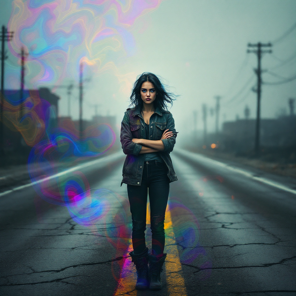 A young woman stands confidently in the middle of a deserted road, embodying resilience amidst a misty backdrop, reflecting the quote about winners and losers.