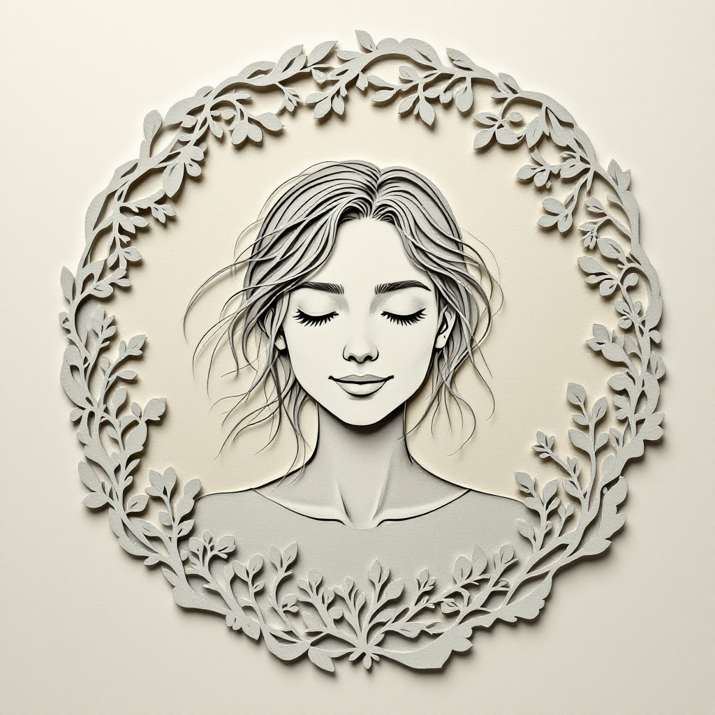 A serene, illustrated portrait of a woman with closed eyes, framed by intricate floral designs, symbolizing self-acceptance and reflection on identity beyond definitions.