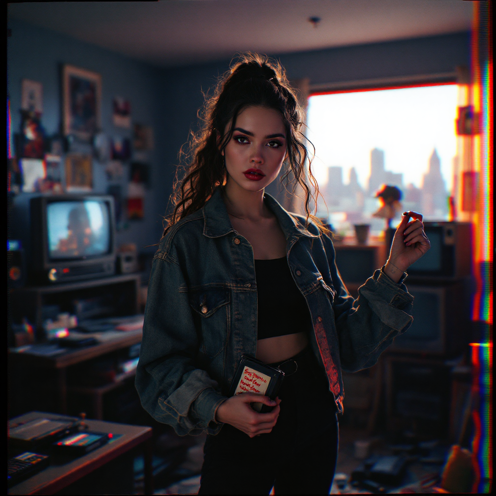 A young woman stands confidently in a retro-style room filled with records and old electronics, embodying the struggle between doing what feels right and what is hardest.