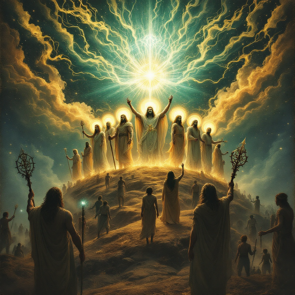 A dramatic scene depicting a group of celestial beings radiating light on a mountaintop, symbolizing the creation of gods and their influence on humanity's future.