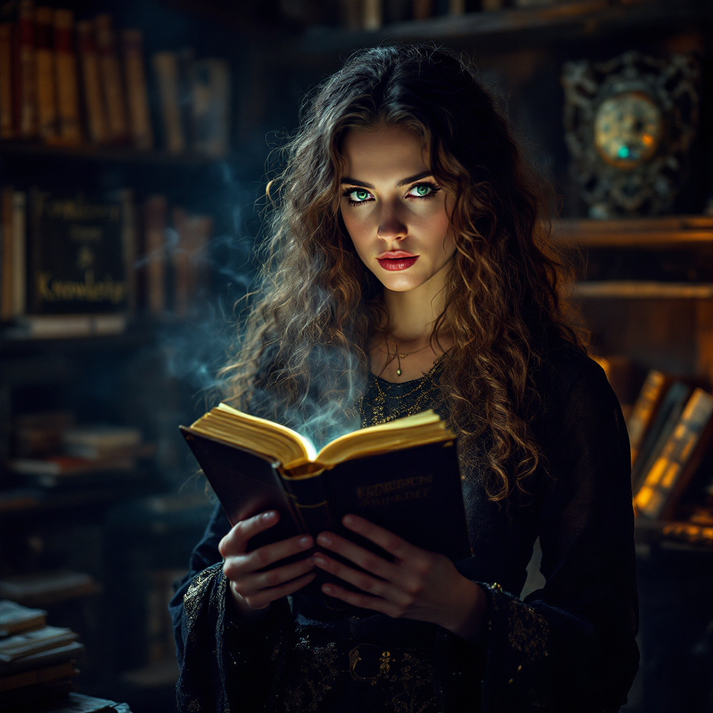 A young woman with cascading curls gazes intently at an illuminated book, surrounded by shelves of ancient texts, embodying the quote about the power of knowledge as both a weapon and a shield.