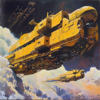 Large, yellow, chunky, slab-like spacecrafts move through the ionosphere above a planet, tearing through the sky with a monstrous presence, as described in the book quote.