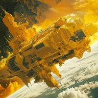 A massive, yellow, slab-like spaceship resembling an office block moves through the sky above a planet, surrounded by clouds and glowing with intense energy.