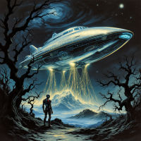 A lone figure stands under a glowing spaceship, surrounded by dark, twisted trees and a starry sky, embodying the striking contrast of light and dark reminiscent of a fair.