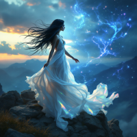 A woman in a flowing white dress stands on a rocky outcrop, her hair billowing in the wind, surrounded by swirling blue energy against a dramatic, stormy sky.