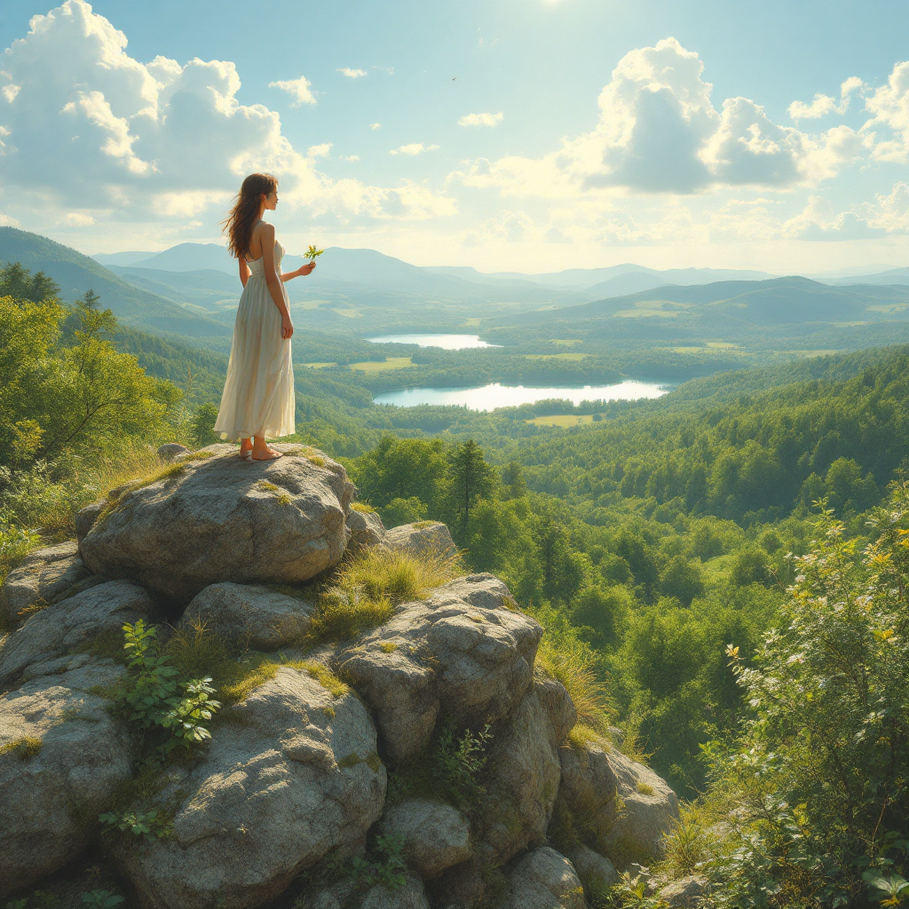 A woman in a flowing white dress stands atop a rocky outcrop, gazing over a lush green valley and shimmering lakes, embodying a moment of choice that shapes futures.