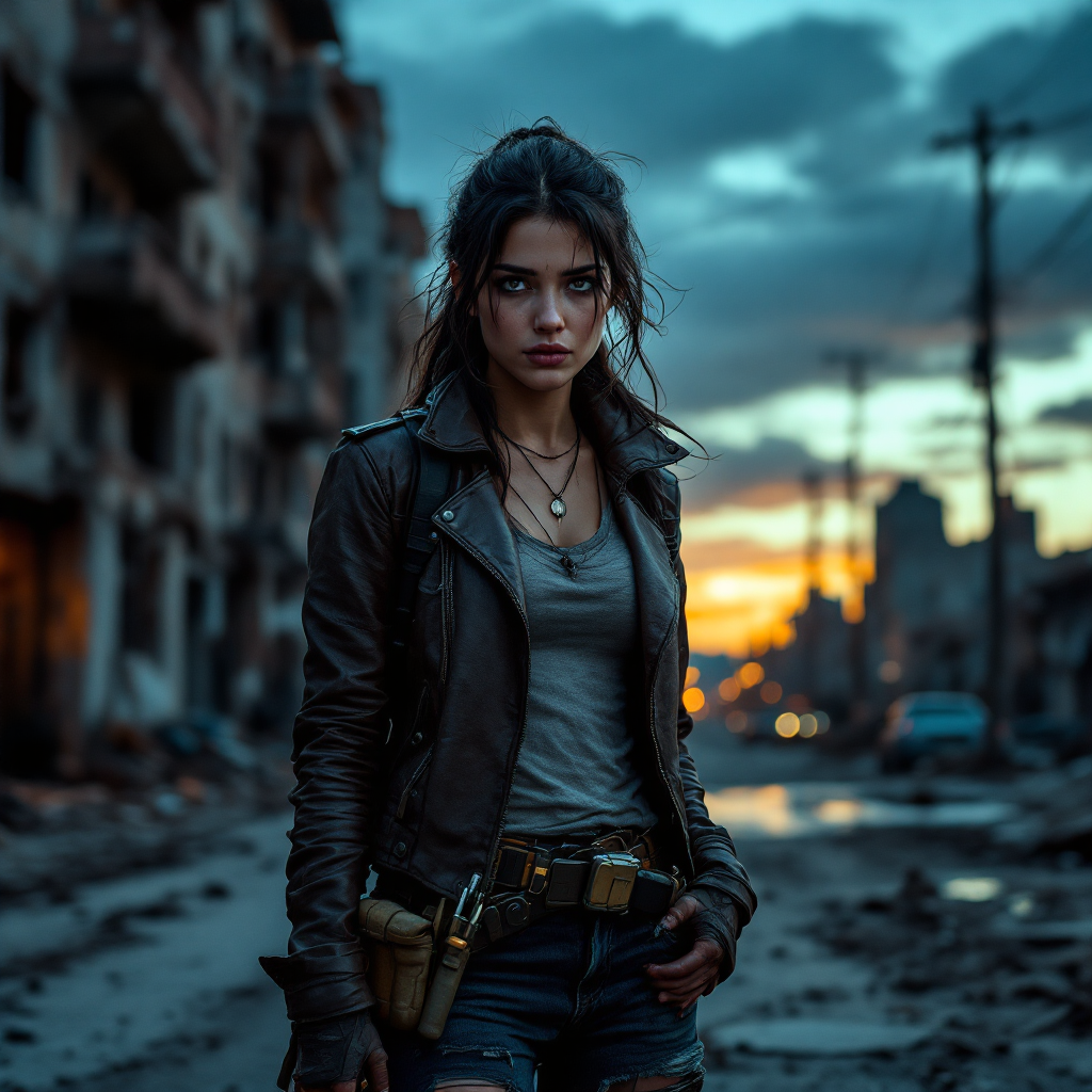 A determined young woman stands in a desolate urban landscape at sunset, embodying resilience. She is dressed in a leather jacket, reflecting the quote, I am not a hero. I am a survivor.