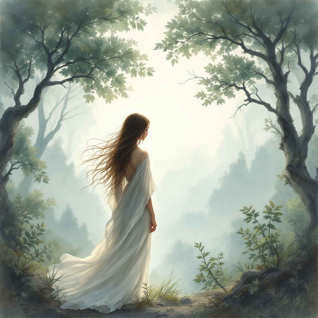 A solitary figure in a flowing white dress stands among trees, gazing into a misty, ethereal landscape, embodying the quote, You can’t fight what you can’t see.