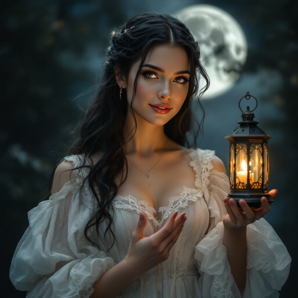 A young woman with long, dark hair holds a lit lantern in a moonlit forest, embodying the quote about courage overcoming fear with her serene expression and determined stance.