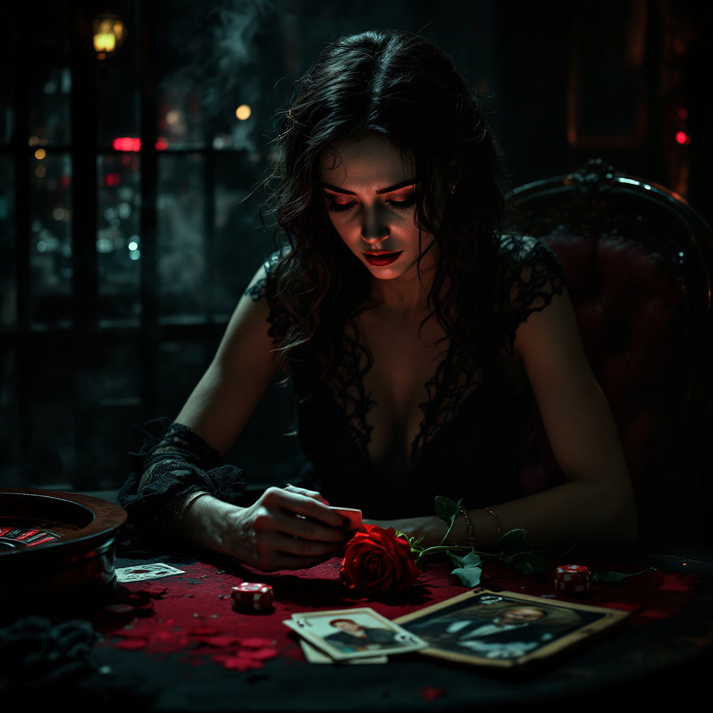 A woman in a dimly lit room examines a rose, surrounded by playing cards and old photographs, embodying the quote, Love is a gamble, and sometimes, you lose everything.