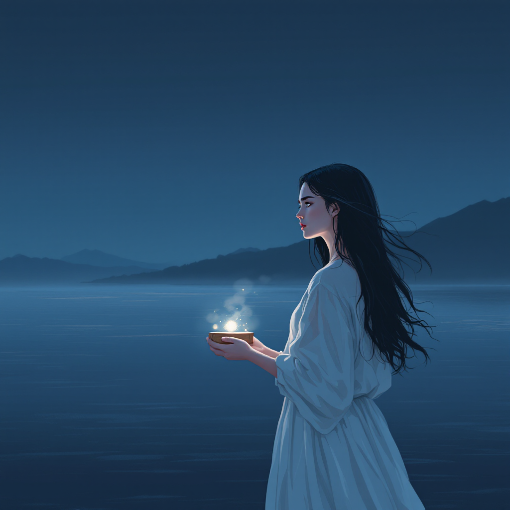 A woman in a flowing white garment stands by a serene lake at dusk, holding a glowing bowl that emits gentle wisps of light, embodying resilience against life's challenges.