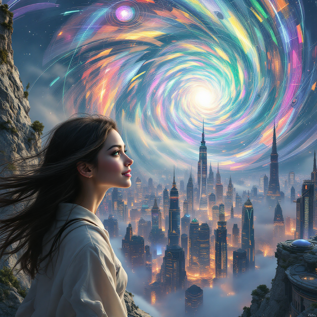 A contemplative figure gazes over a vibrant, swirling galaxy above a futuristic city, embodying the idea that the future is a story we tell ourselves.