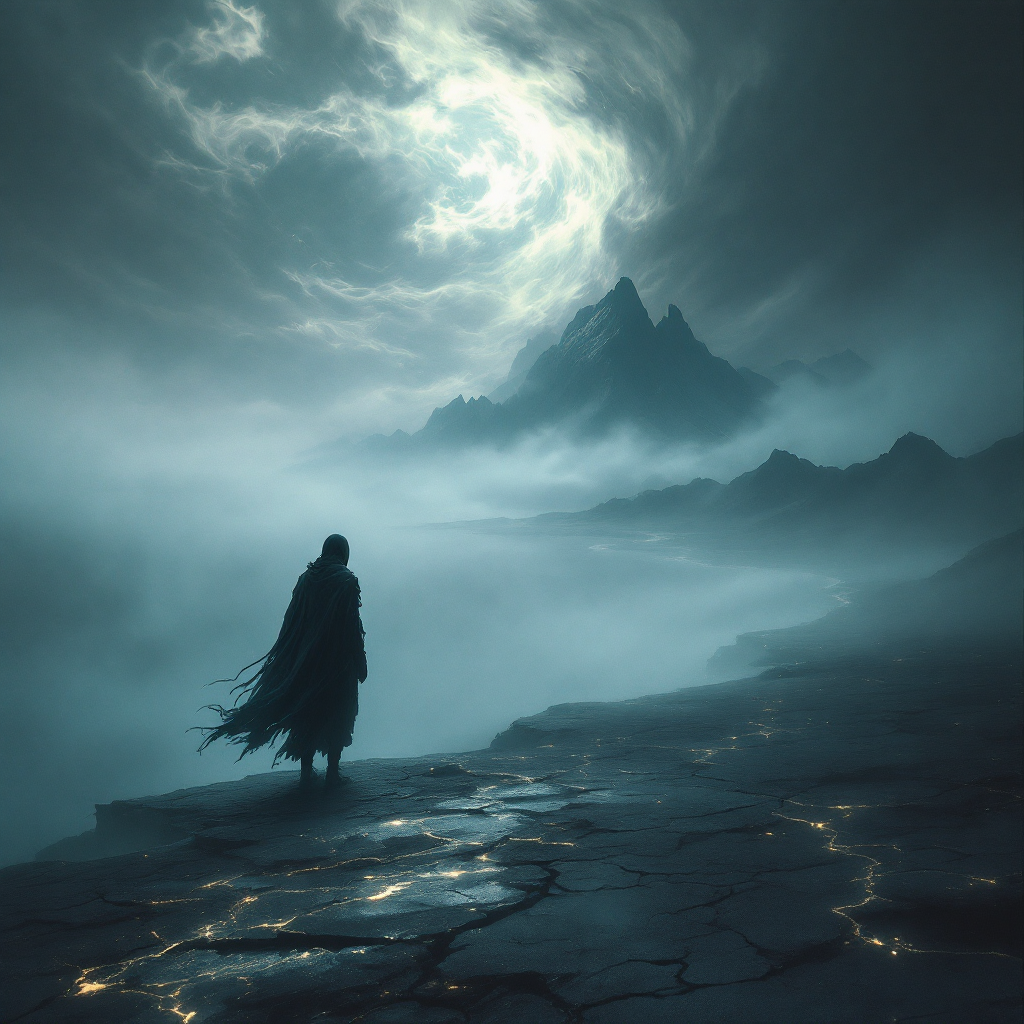 A solitary figure stands at the edge of a cracked, desolate landscape, gazing at a hauntingly beautiful mountain shrouded in mist under an ethereal glow—embodying the essence of infinite exploration.