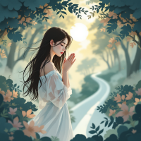 A contemplative woman in a white dress stands with hands clasped in a sunlit forest, reflecting on choices at a winding path, embodying courage and decision-making.